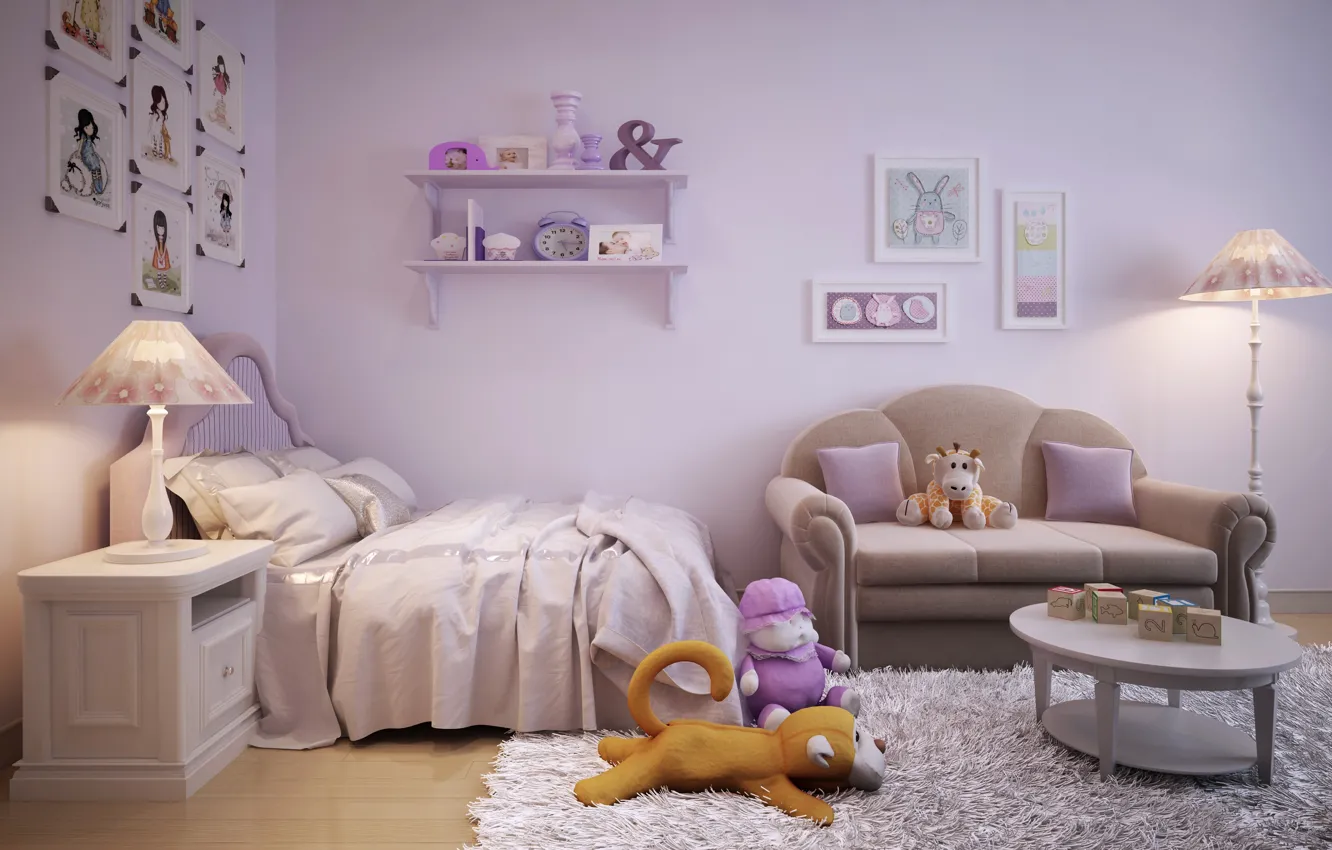Photo wallpaper design, sofa, toy, lamp, bed, interior, design, interior