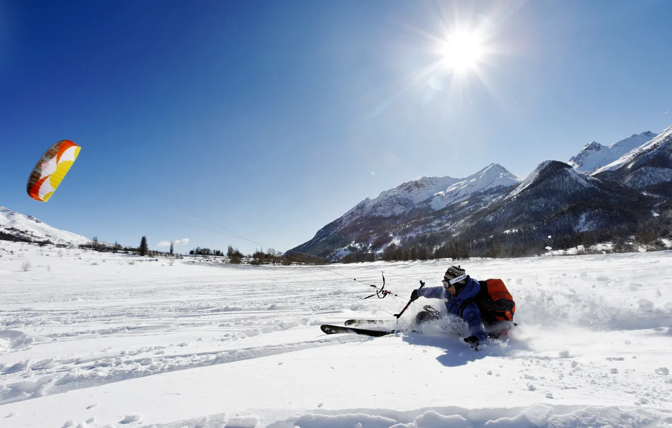 Photo wallpaper mountains, splash, mountains, splash, extreme sports, kitesnow