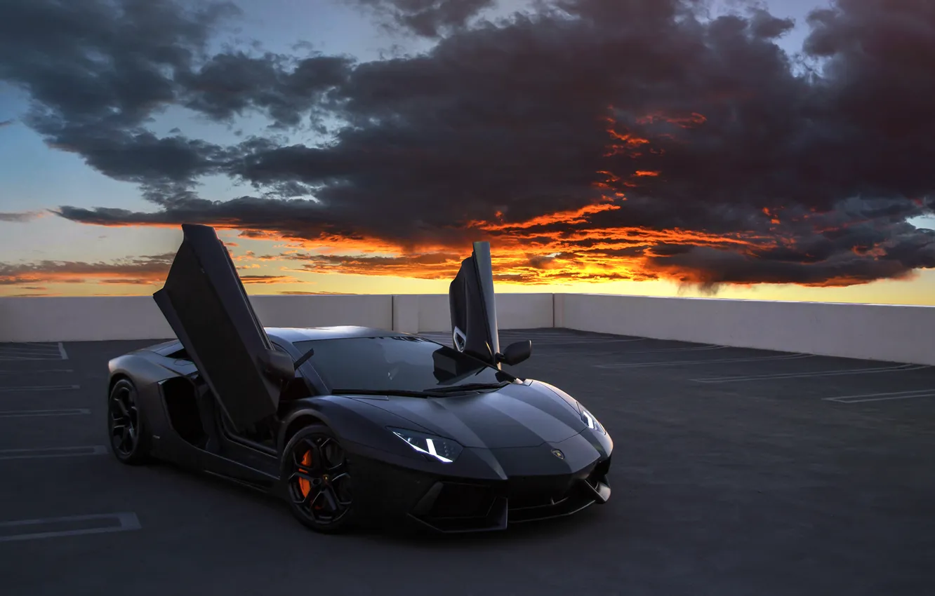 Photo wallpaper clouds, Lamborghini, supercar, Aventador, on the roof, Lamborghini Aventador, sports car