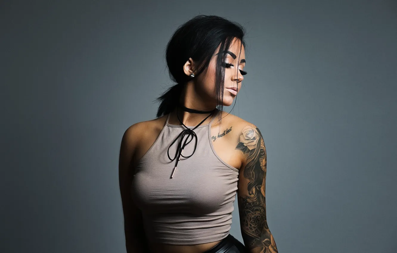 Photo wallpaper pose, background, brunette, tattoo, topic, Miia P