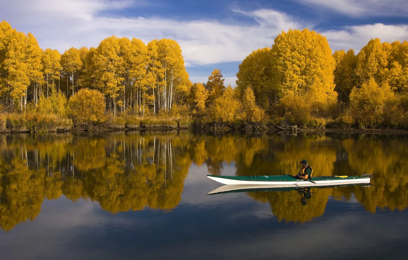 Photo wallpaper autumn, forest, the sky, water, clouds, trees, yellow, reflection