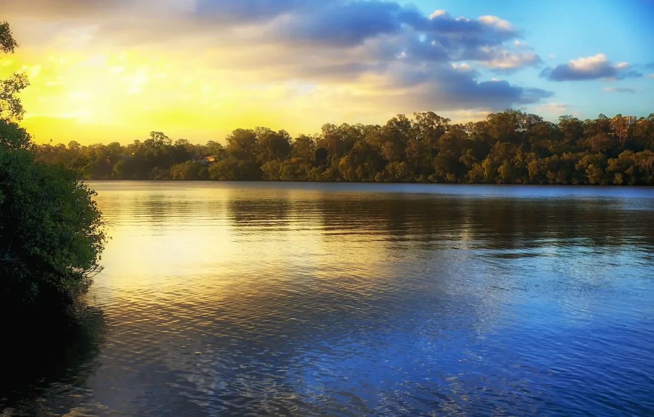 Photo wallpaper the sky, leaves, water, trees, landscape, sunset, nature, reflection
