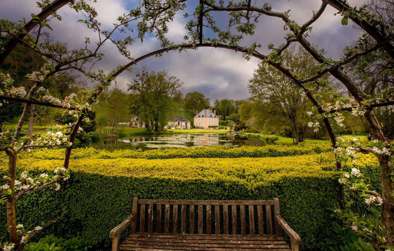 Photo wallpaper trees, bench, pond, France, building, home, garden, France