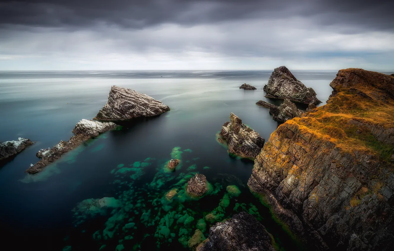 Photo wallpaper sea, rocks, shore, Scotland, United Kingdom, Portknockie
