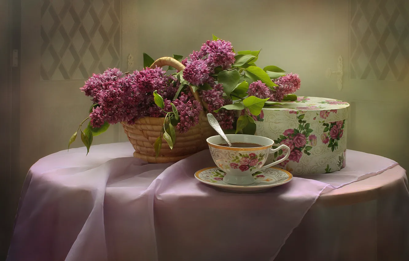 Photo wallpaper table, tea, Cup, lilac