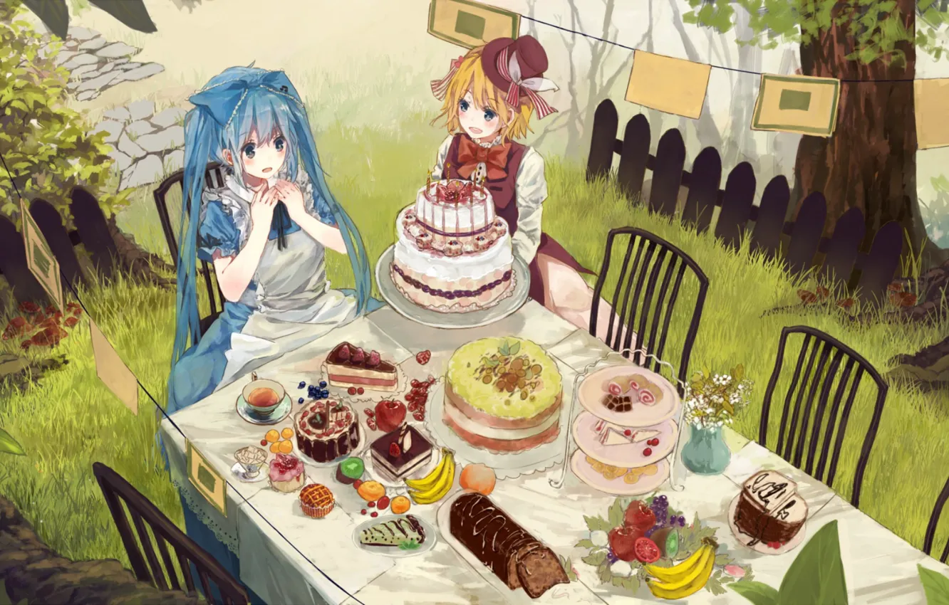 Photo wallpaper table, the fence, chairs, surprise, the tea party, bananas, sweets, cake