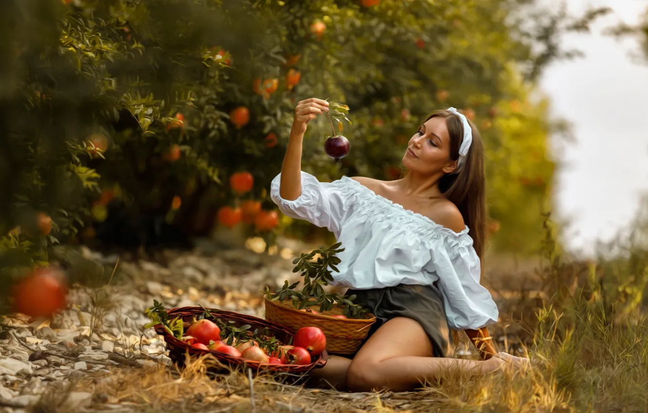 Photo wallpaper girl, trees, pose, mood, basket, garden, blouse, garnet