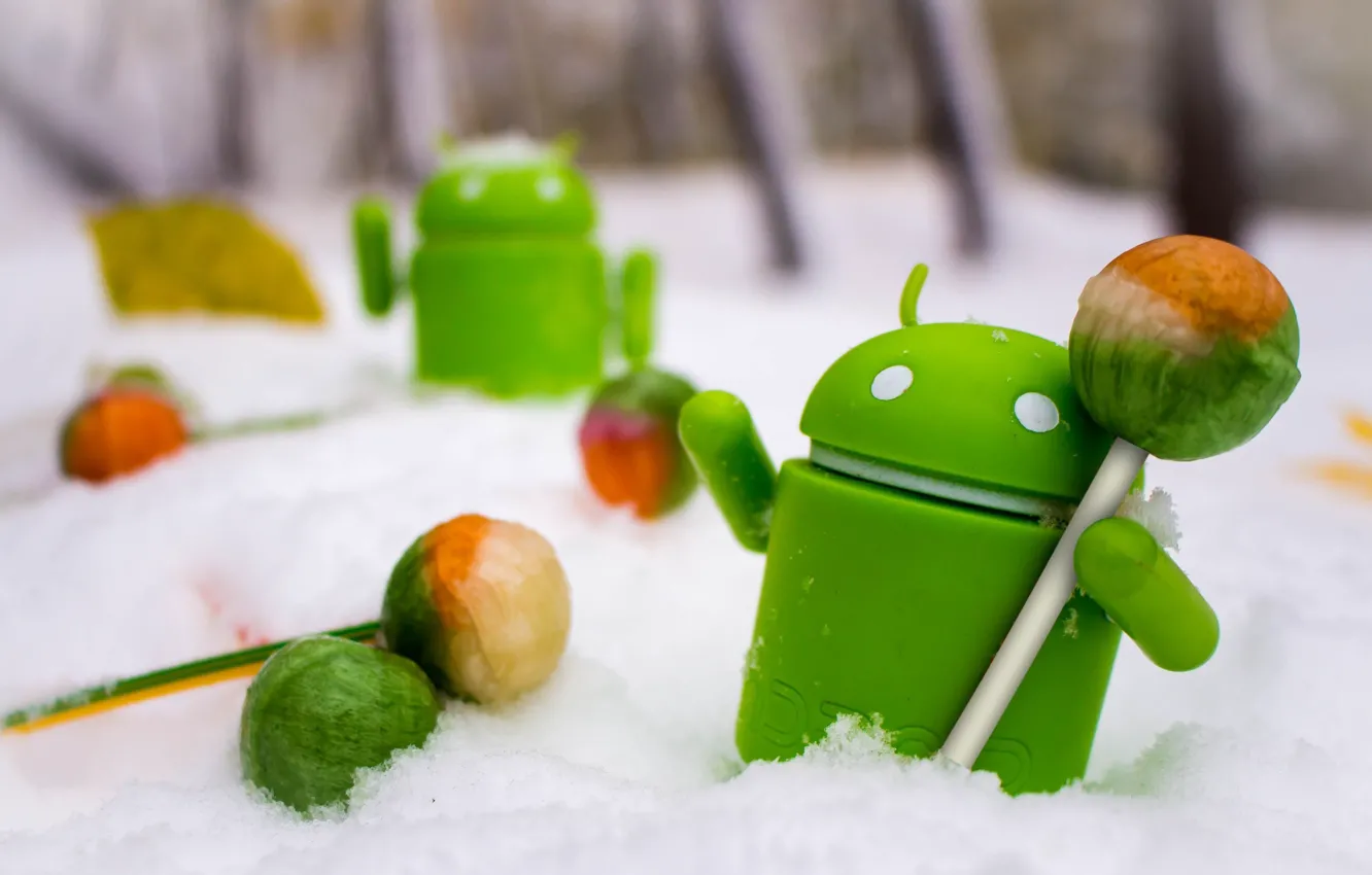 Photo wallpaper Android, winter, snow, toys, Lollipop