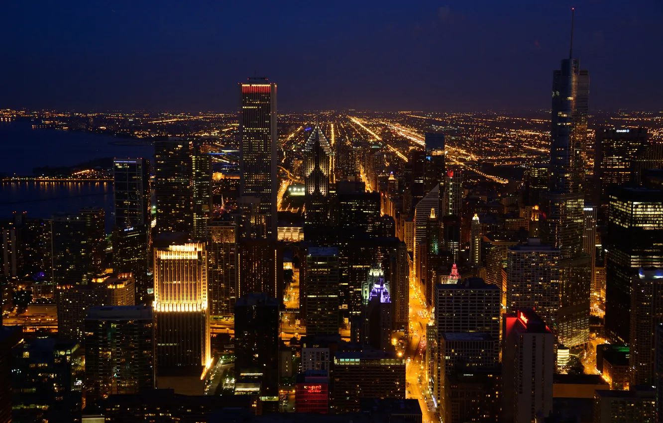 Photo wallpaper night, lights, river, street, skyscrapers, Chicago, USA, The Sears tower