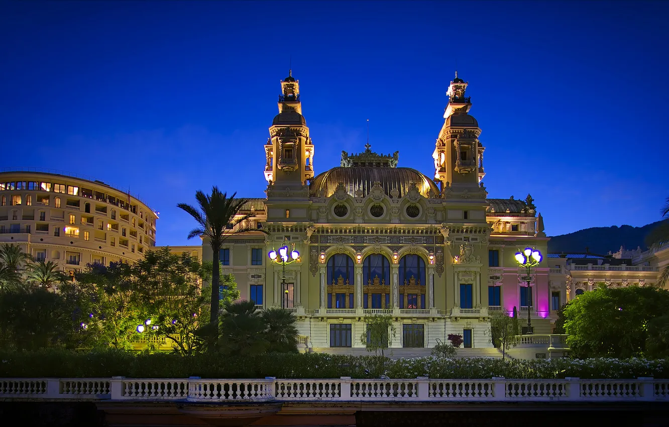 Photo wallpaper night, lights, palm trees, lights, Palace, Monaco, Monte Carlo, casino
