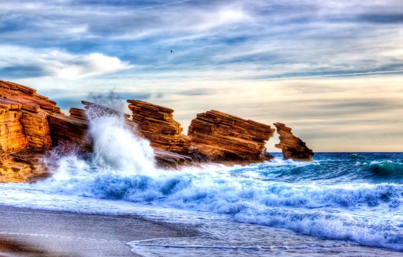 Photo wallpaper waves, sea, bird, water, rocks, sand, stones