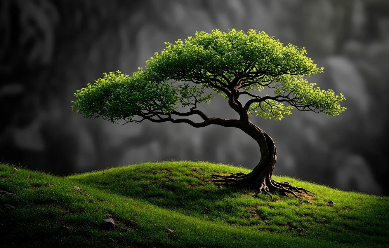 Photo wallpaper grass, trees, background, rocks, hills, Wallpaper, art, wallpaper