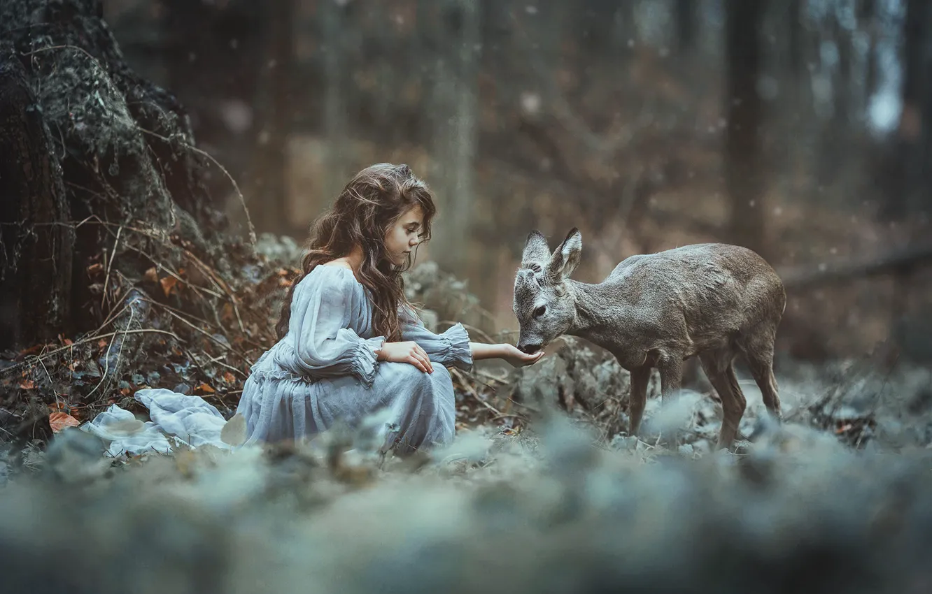 Photo wallpaper forest, girl, baby, ROE, fawn