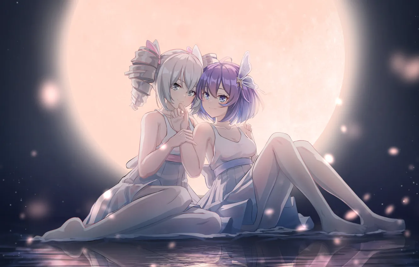 Photo wallpaper the moon, anime, beauty, girlfriend, two girls