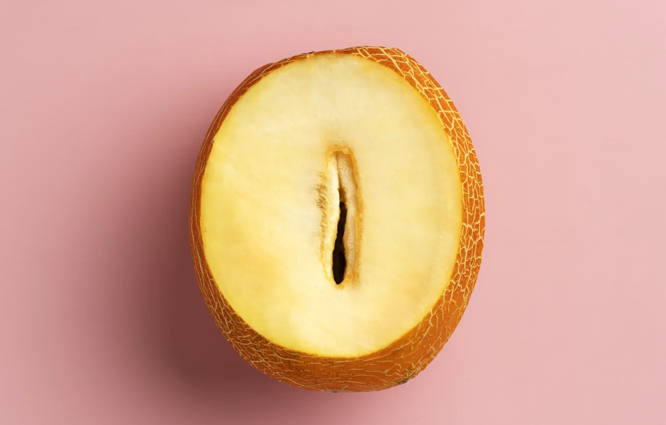 Photo wallpaper pink background, halves, cut, melon