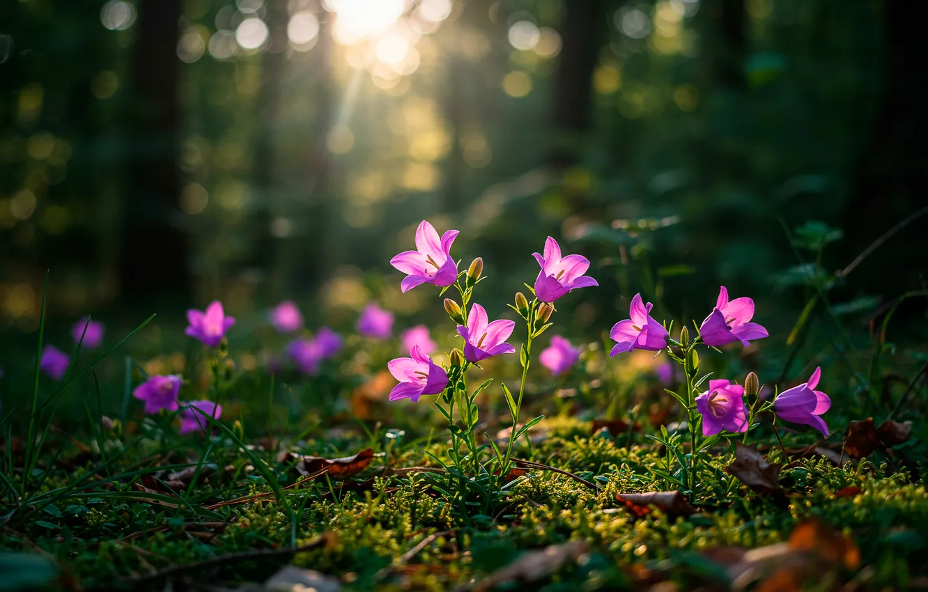 Photo wallpaper forest, grass, leaves, rays, trees, moss, grass, forest
