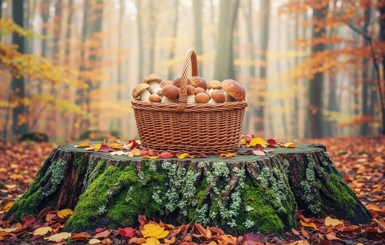 Photo wallpaper autumn, forest, leaves, fog, basket, mushrooms, stump