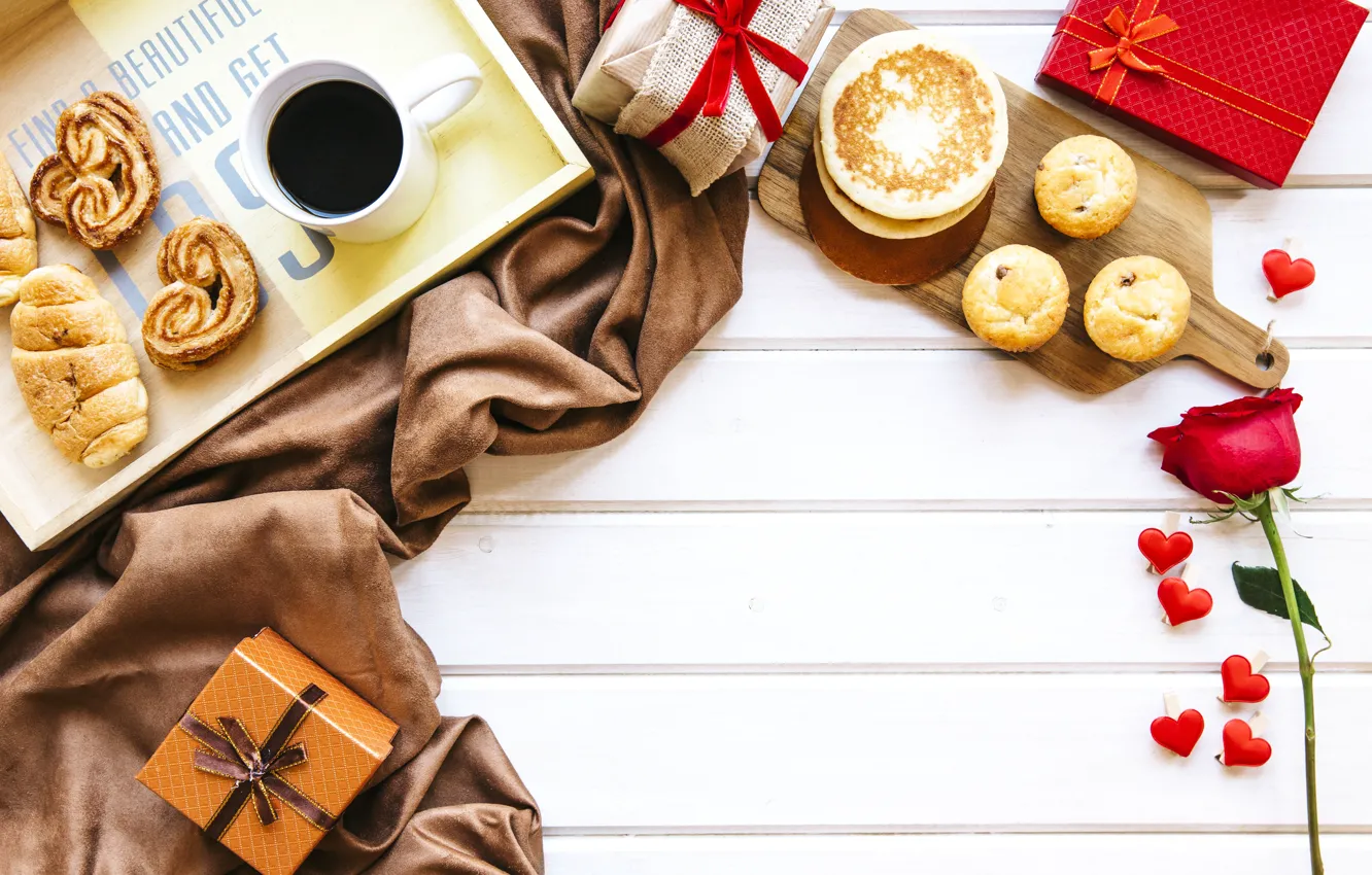 Photo wallpaper love, red, gift, roses, Breakfast, red, love, heart