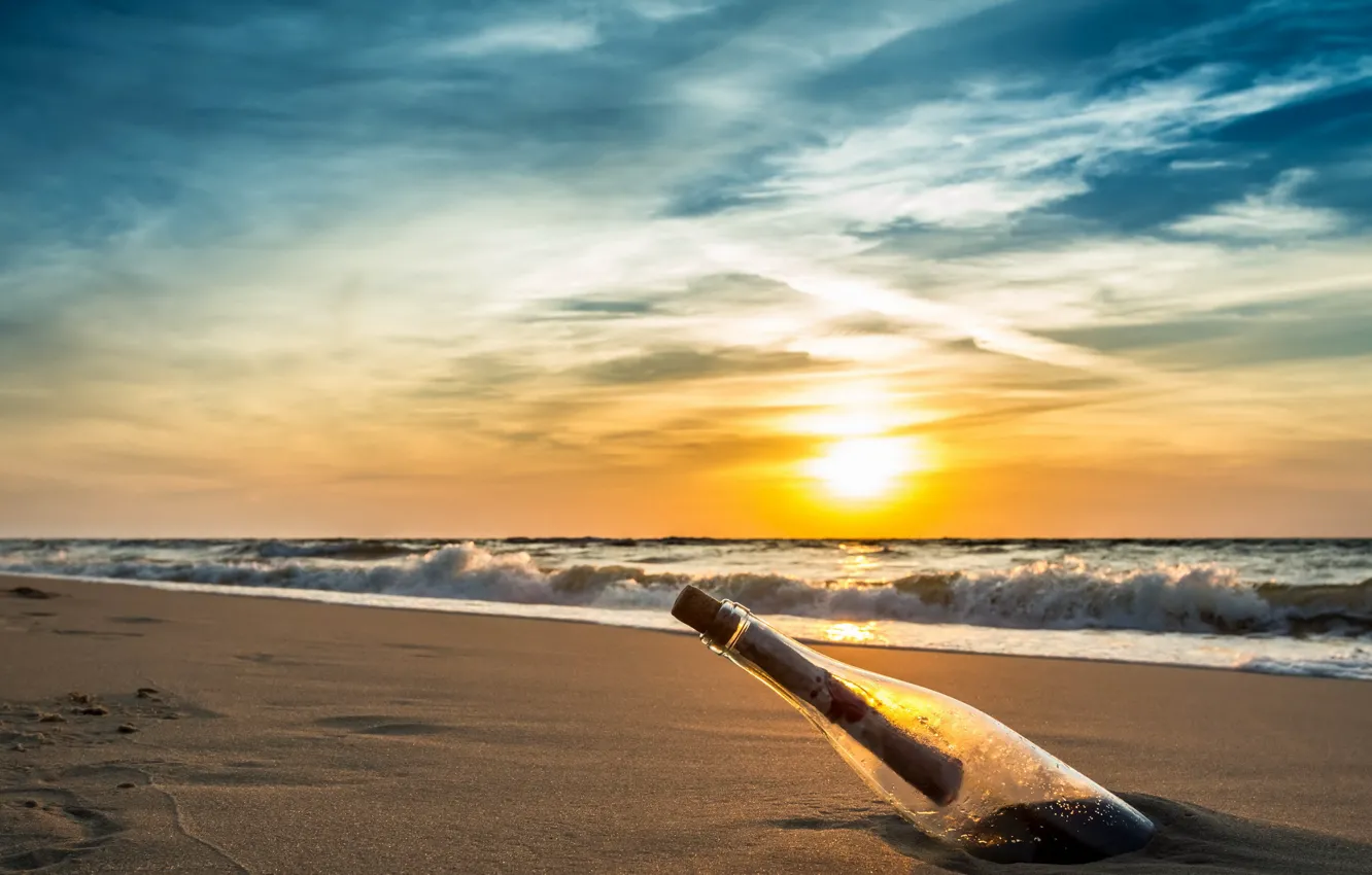 Photo wallpaper sea, landscape, sunset, bottle, Message from the sea