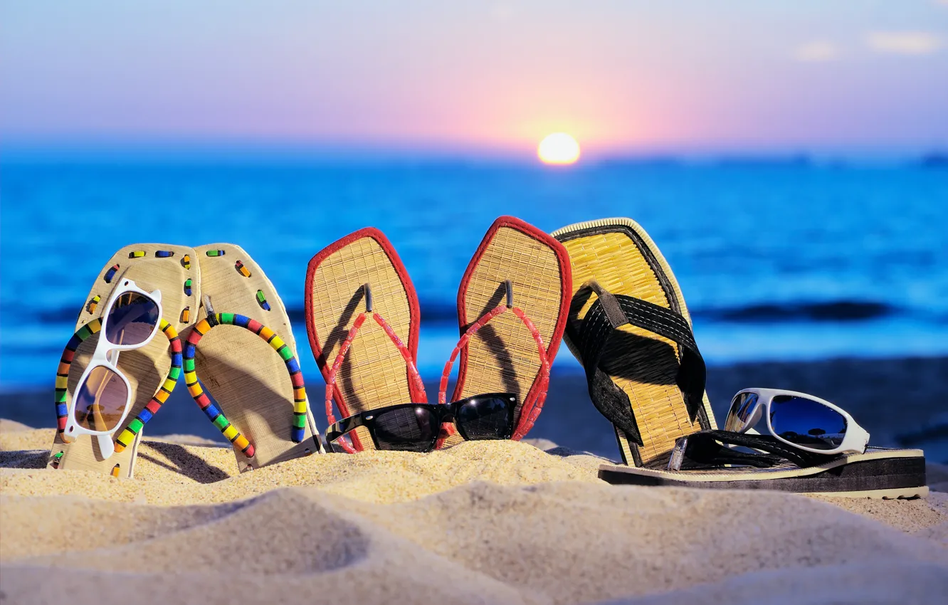 Photo wallpaper sand, sea, beach, summer, sunset, vacation, glasses, Slippers