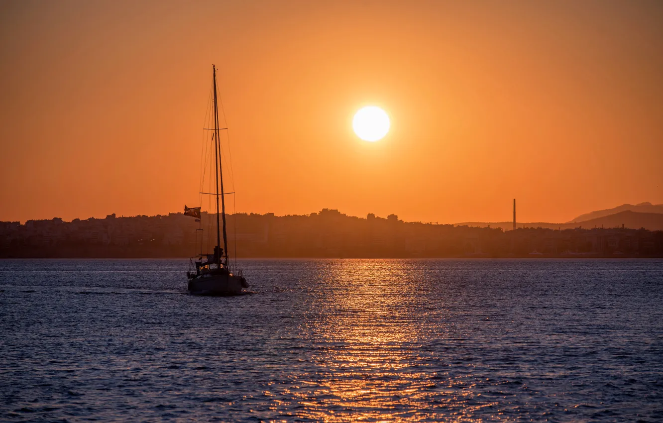 Photo wallpaper sea, the sky, the sun, sunset, coast, yacht