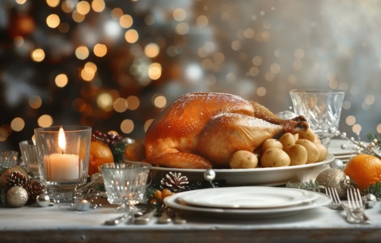 Photo wallpaper balls, lights, table, glass, new year, food, candles, plate