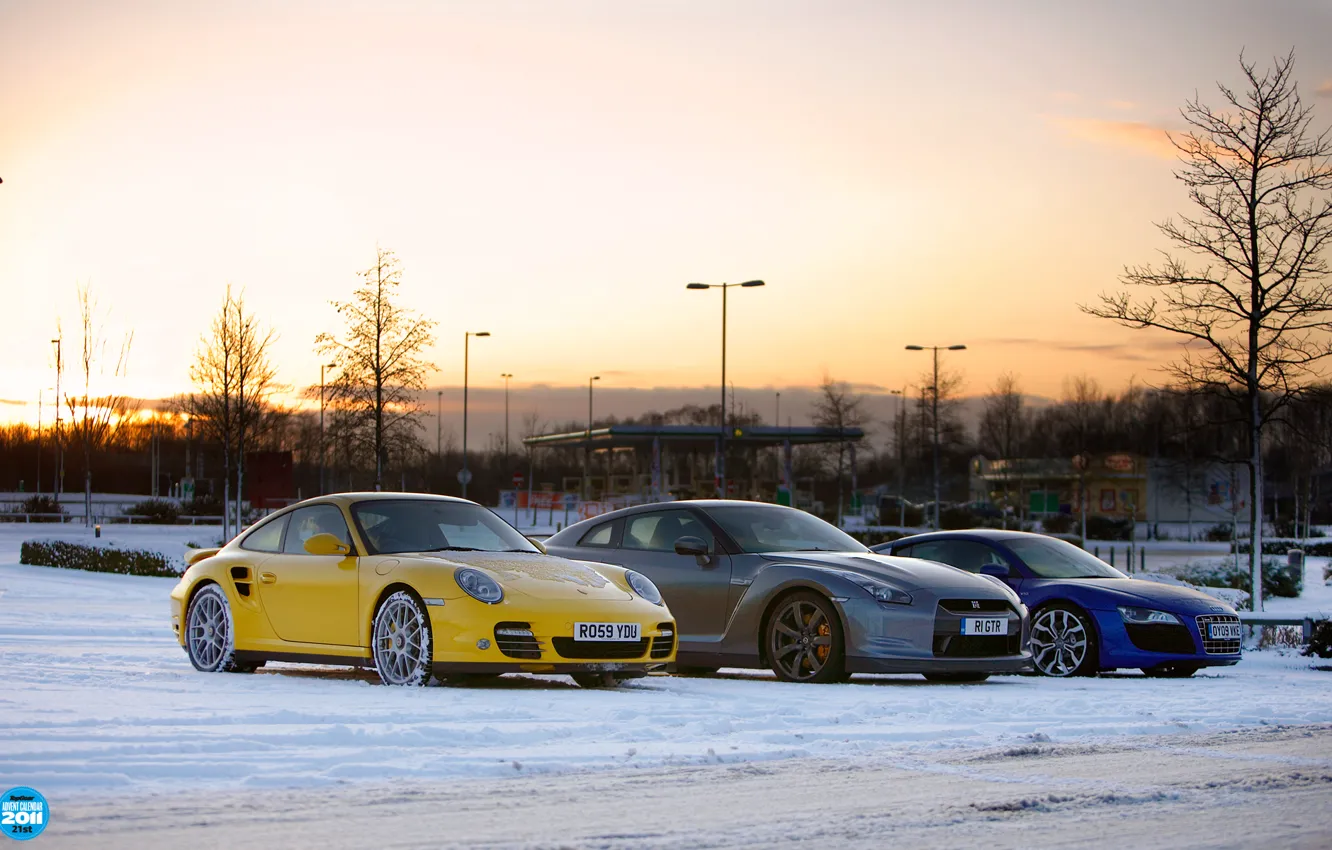 Photo wallpaper winter, the sky, snow, sunset, audi, 911, nissan, porsche