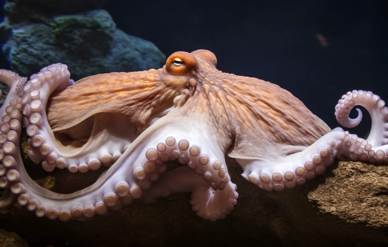Photo wallpaper look, nature, pose, stones, shore, octopus, AI art, neural network