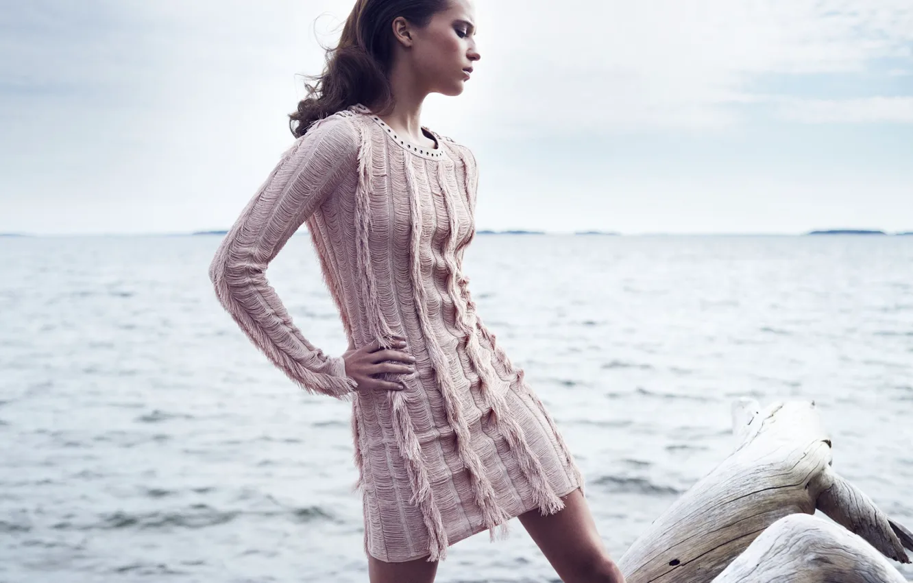 Photo wallpaper sea, girl, pose, photo, figure, dress, Alicia Vikander