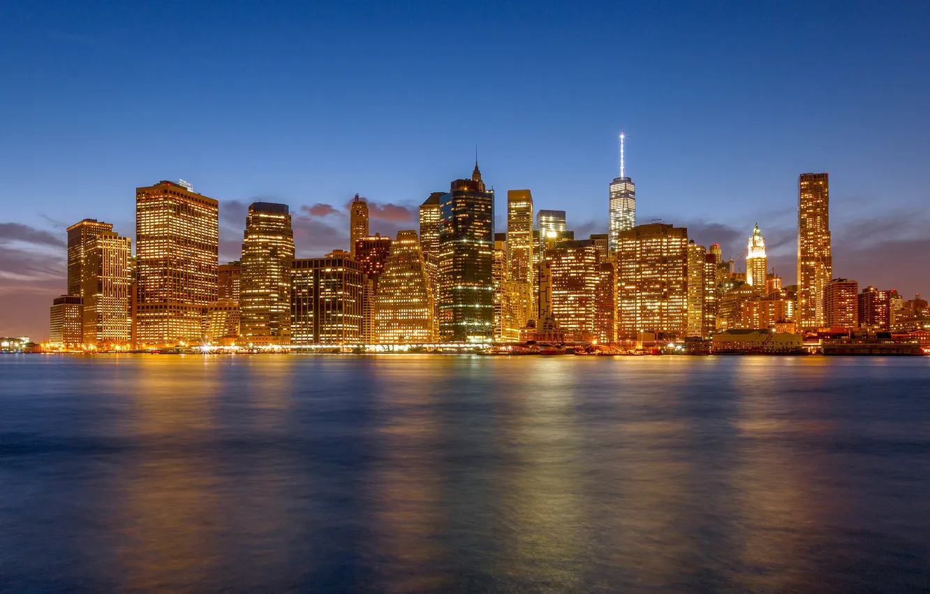 Photo wallpaper the sky, clouds, night, reflection, New York, mirror, twilight, Manhattan