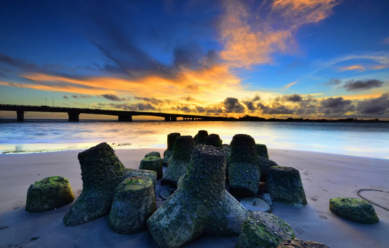 Photo wallpaper sea, landscape, sunset, bridge