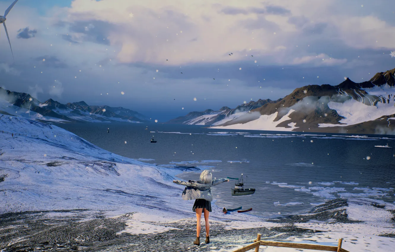Photo wallpaper girl, snow, mountains, nature, lake, by rengreng