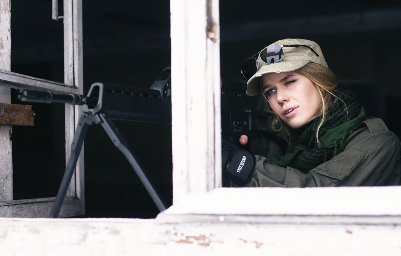 Photo wallpaper girl, weapons, window, sight