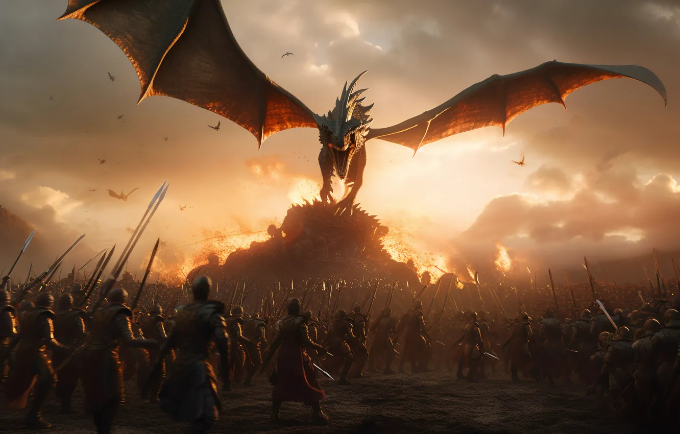 Photo wallpaper Dragon, Fire, Flight, Wings, Soldiers, Warriors, Digital art, Grin