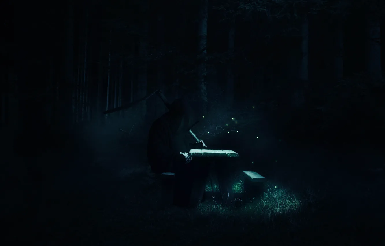 Photo wallpaper forest, bench, night, death, fireflies, fiction, stay, braid