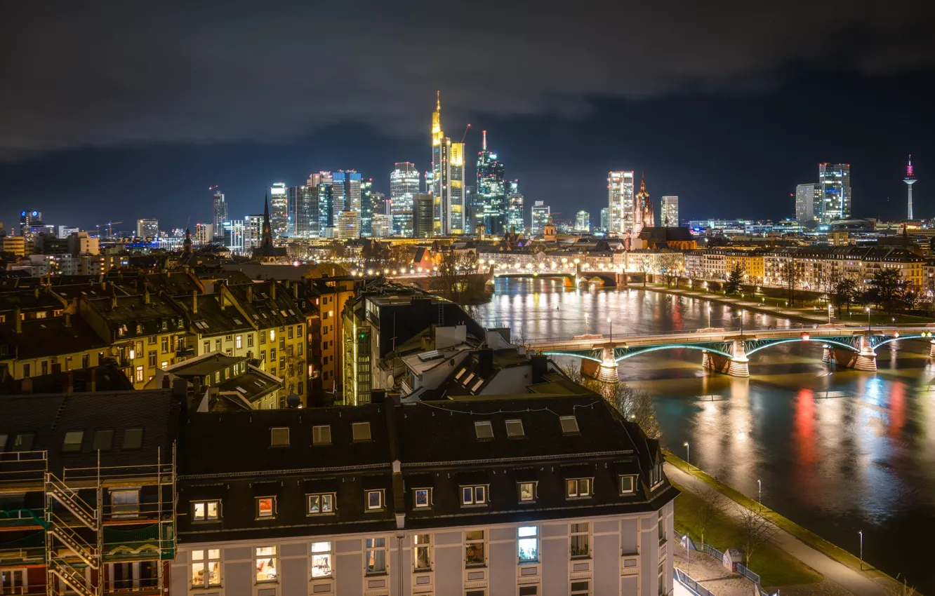 Photo wallpaper bridge, lights, river, the evening, Germany, Frankfurt am main