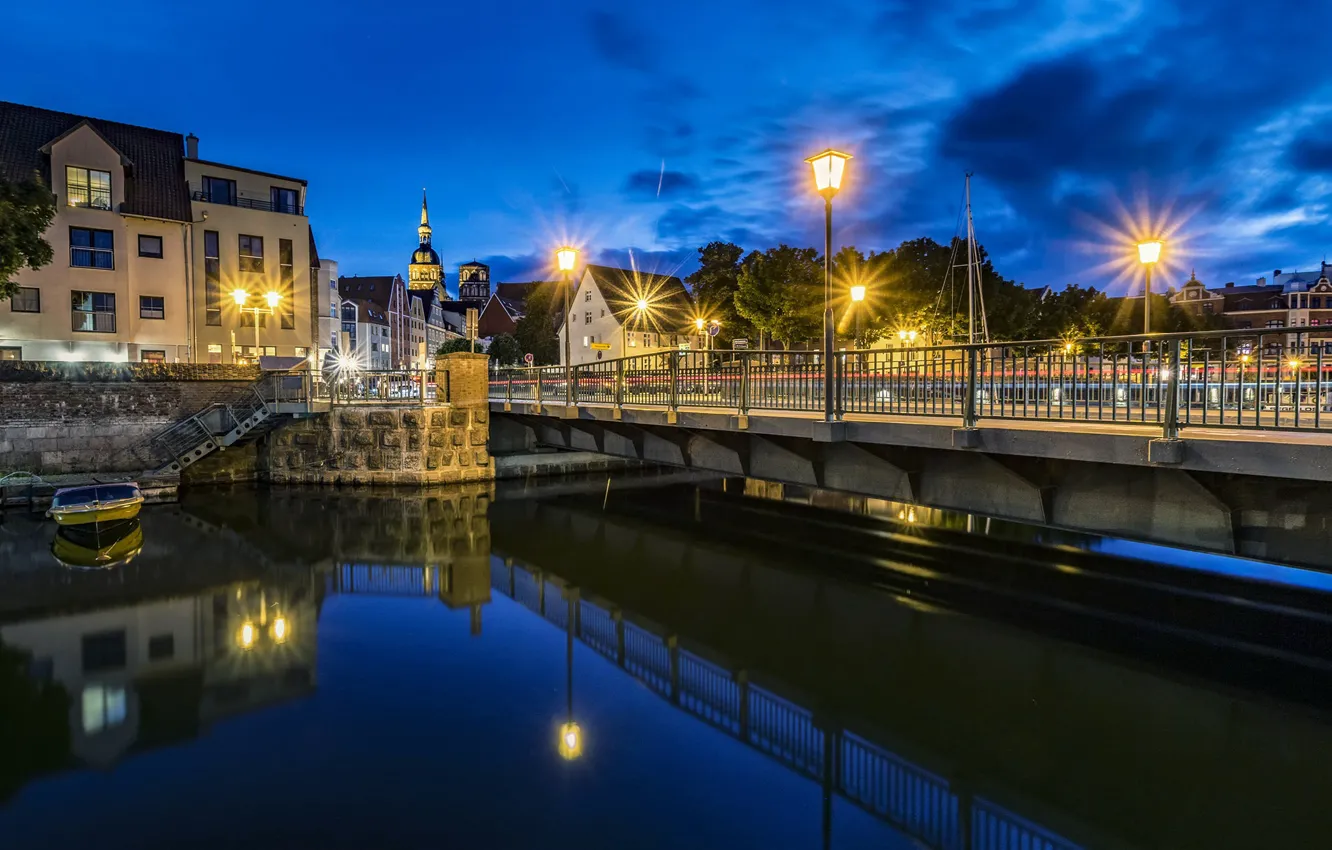 Photo wallpaper lights, the evening, Germany, channel, Stralsund, Stralsund