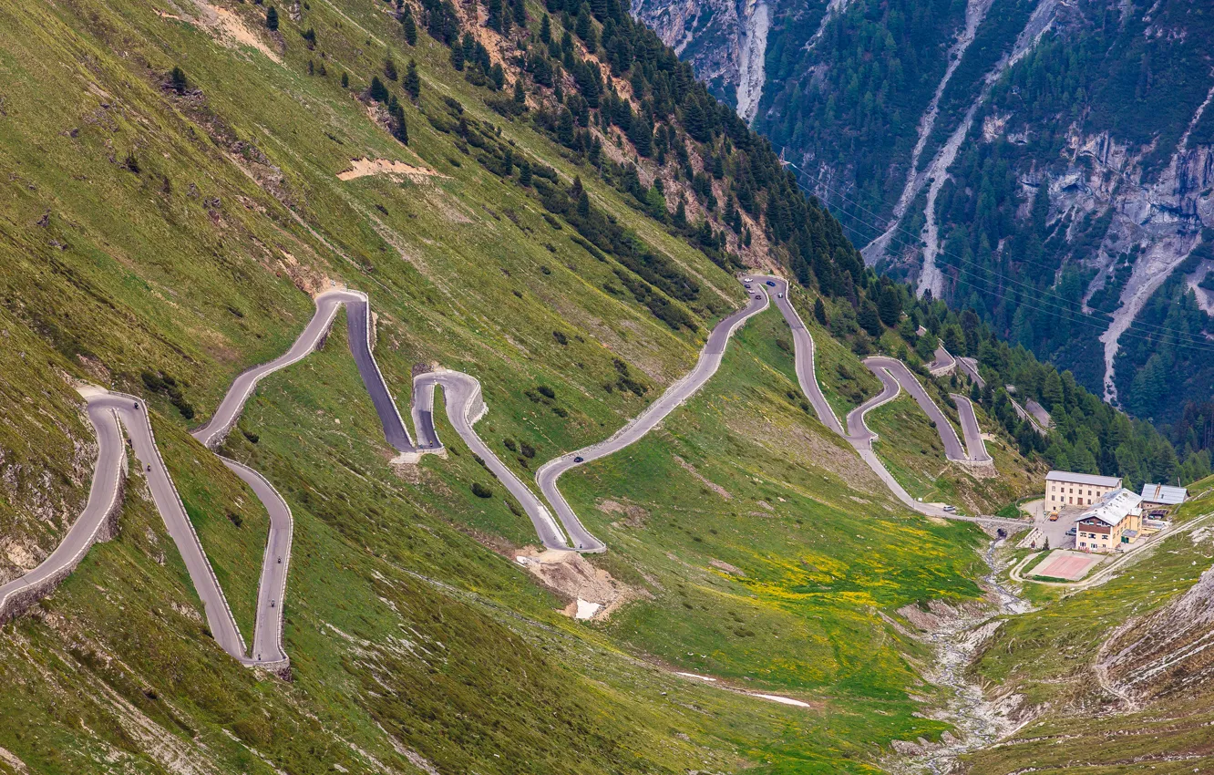 Photo wallpaper road, mountains, home, highway, serpentine