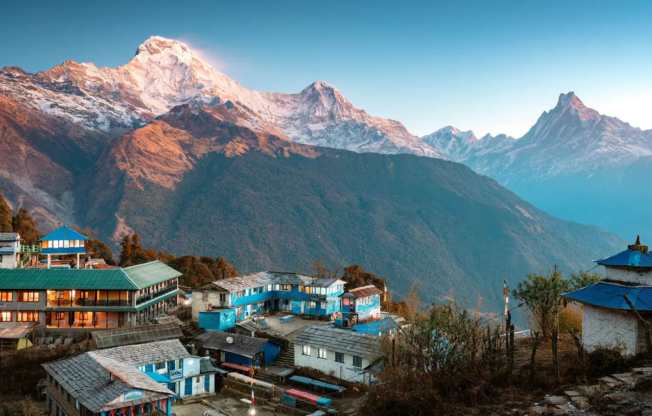 Photo wallpaper snow, mountains, fog, tops, view, building, height, home