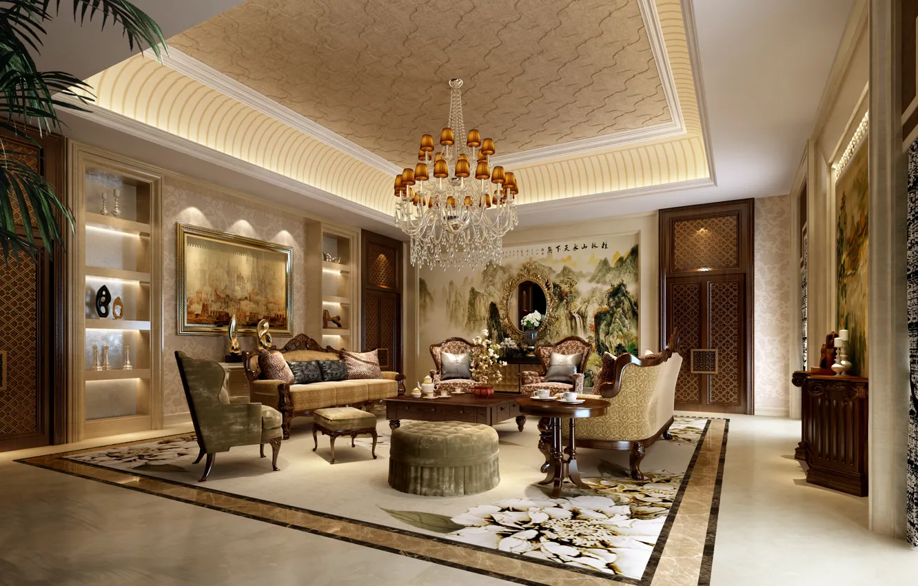 Photo wallpaper style, room, sofa, interior, picture, chair, chandelier, living room