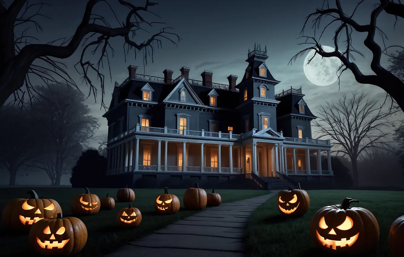 Photo wallpaper trees, castle, the moon, pumpkin, Halloween