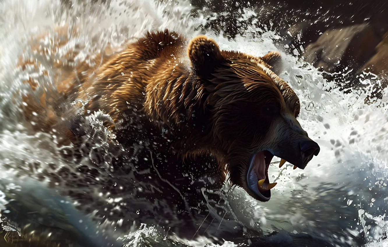 Photo wallpaper face, water, predator, bear, mouth, fangs, river, brown bear