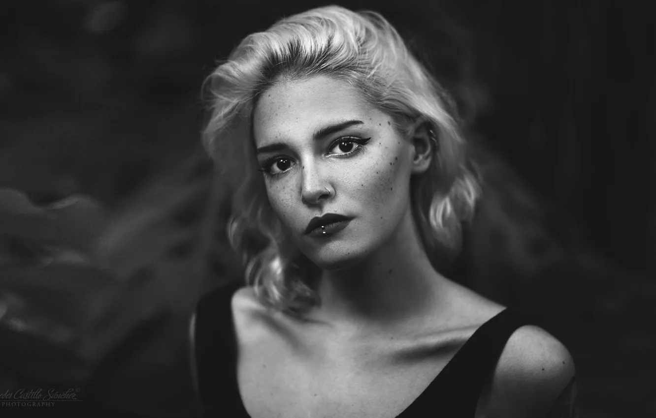 Photo wallpaper look, model, portrait, makeup, piercing, hairstyle, blonde, black and white