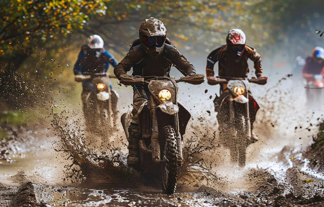 Photo wallpaper squirt, puddle, dirt, motorcycle, athlete, male, Motorsport, digital art