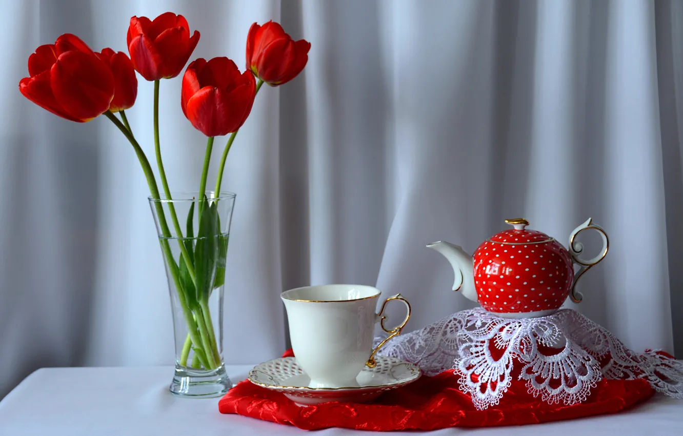 Photo wallpaper flowers, table, bouquet, kettle, Cup, tulips, still life