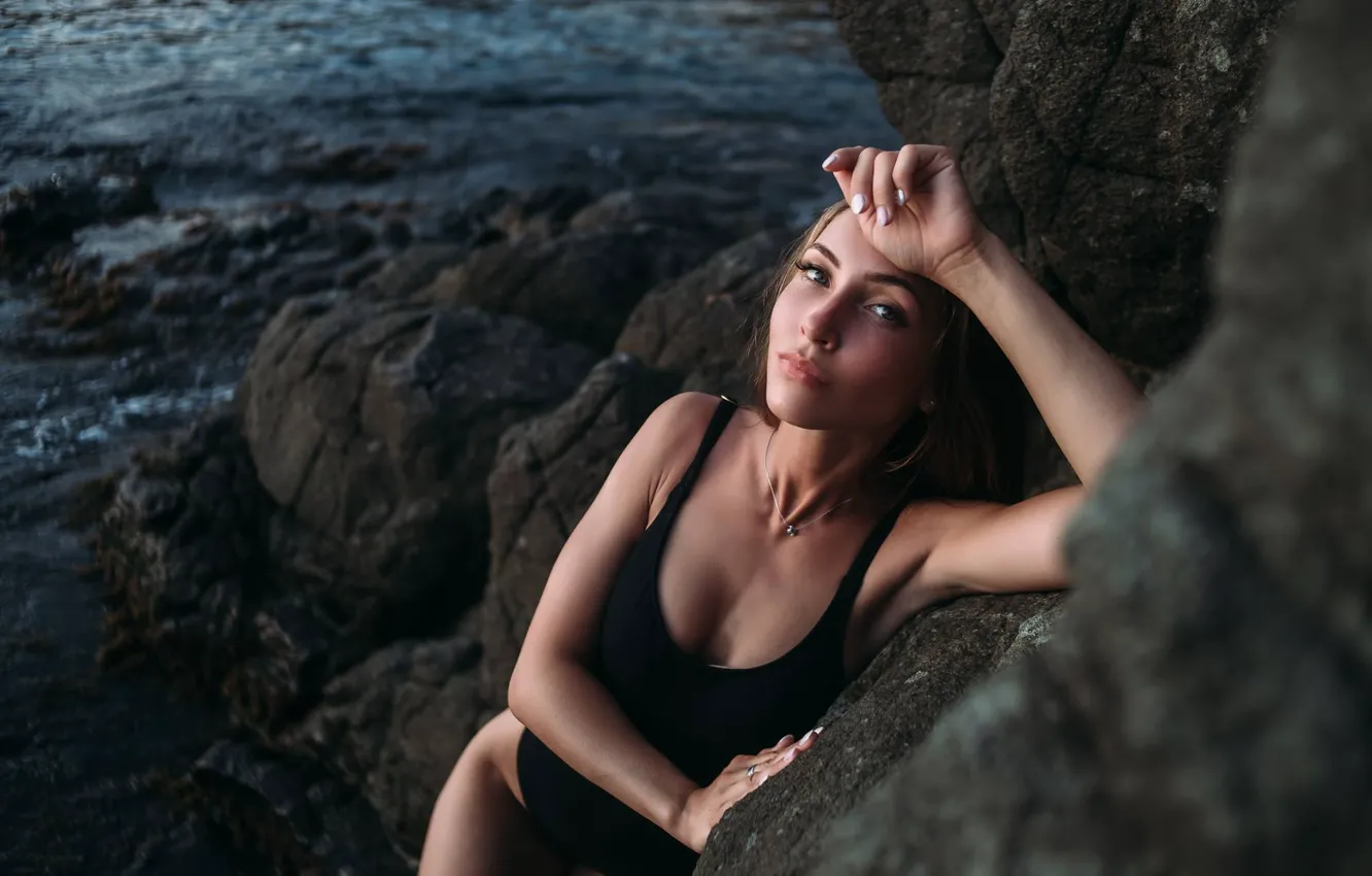 Photo wallpaper sea, swimsuit, look, girl, pose, stones, rocks, hands