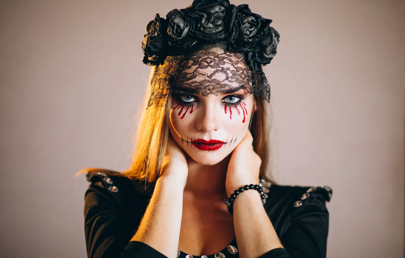 Photo wallpaper autumn, girl, the dark background, holiday, makeup, pumpkin, Halloween, witch