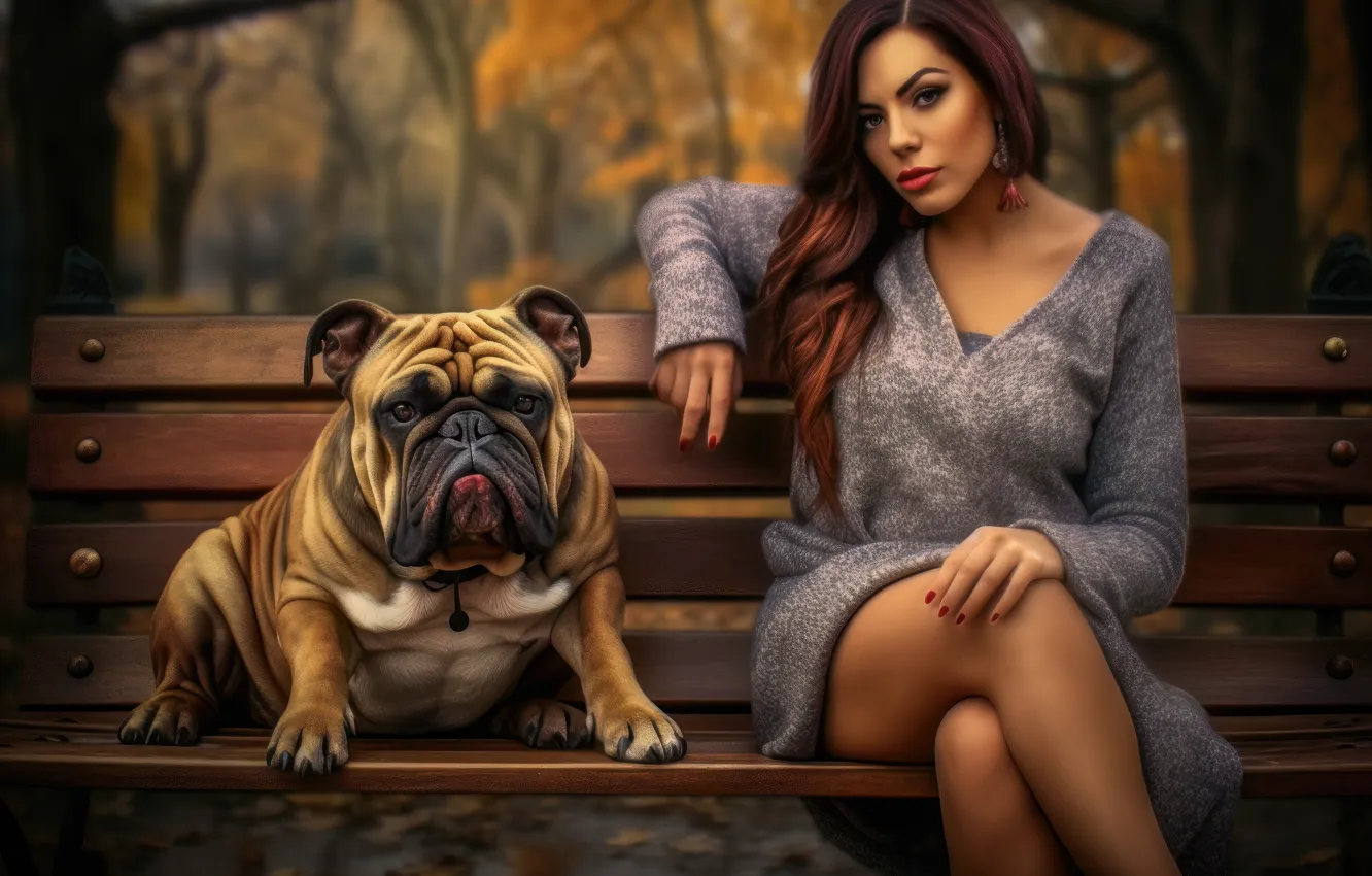 Photo wallpaper autumn, girl, bench, nature, pose, Park, rendering, feet