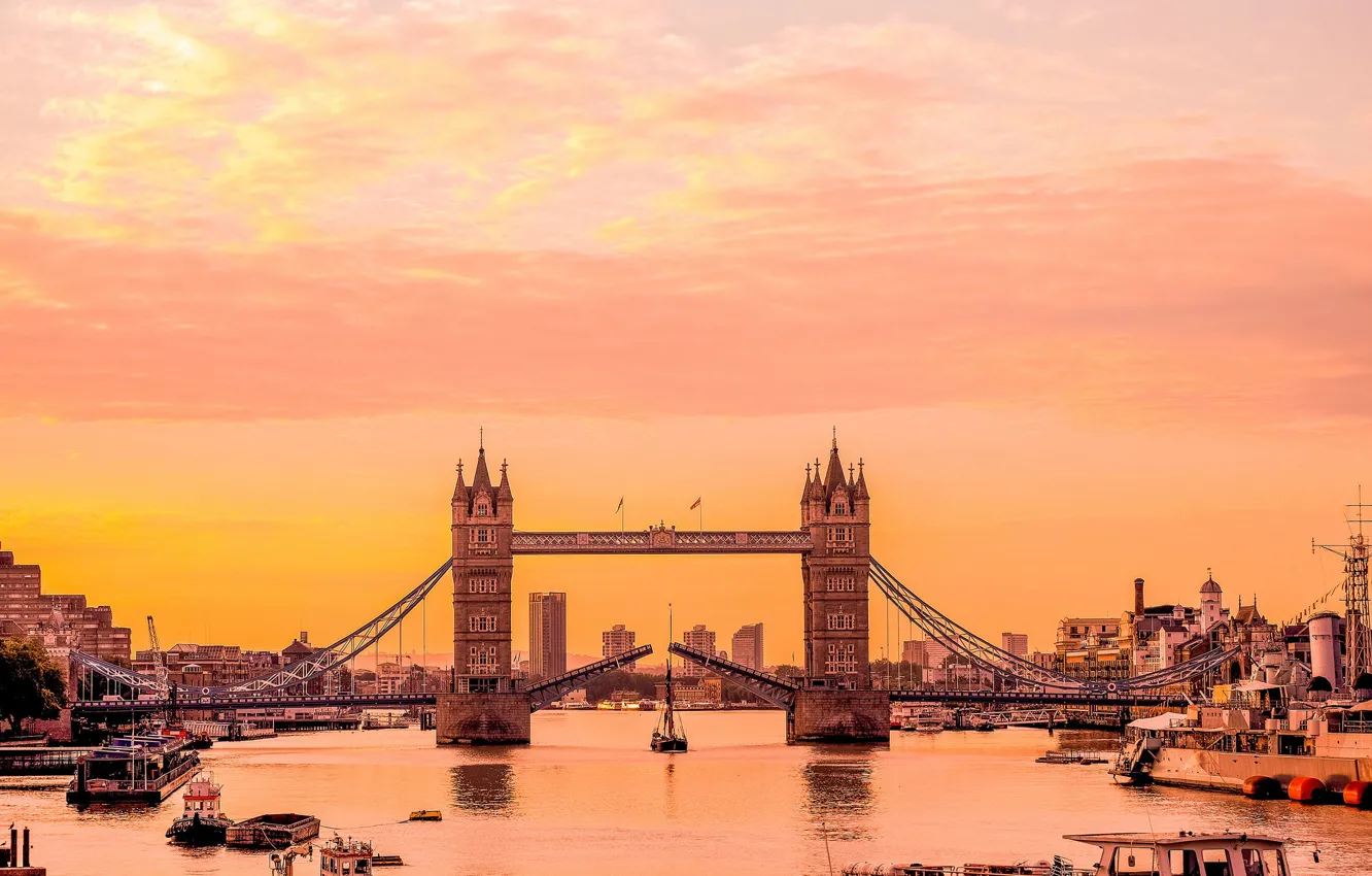 Photo wallpaper sunrise, Tower Bridge, London, boats, River Thames, Engalnd