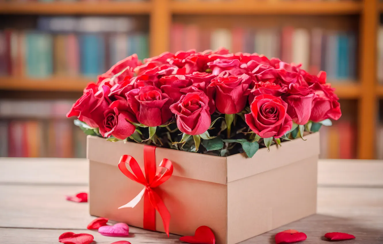 Photo wallpaper flowers, red, birthday, holiday, gift, roses, bouquet, bow